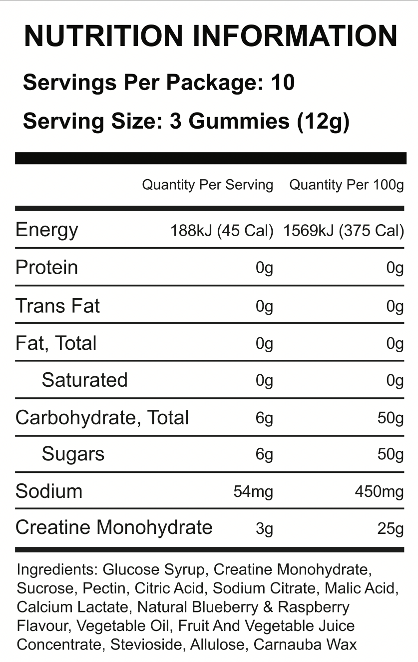 mini pack creatine gummies nutritional information